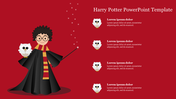 Harry Potter-themed slide featuring a young wizard, an owl, and placeholder text on a red background.