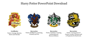 Harry Potter slide with house crests for Gryffindor, Ravenclaw, Slytherin, and Hufflepuff with description traits.