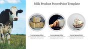 Slide with a cow image on the left, with three circular dairy products on a white background.