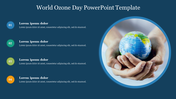 Dark blue background with four colored bullet points and hands holding a globe in a circle on the right.