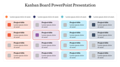 A Kanban board layout with multiple colored cards in rows and columns, each representing different project titles.