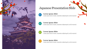 Japanese presentation slide with a pagoda under a cloudy sky, featuring decorative autumn leaves and four text sections.