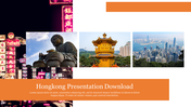 Three Hong Kong images in a row, with neon signs, Buddha statue, pagoda, and cityscape, with orange text banner underneath.