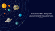 Astronomy slide showing planets and stars in space, with orbits displayed around the central sun on a dark backdrop.