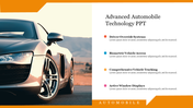 Advanced automobile technology slide featuring a sleek car image on the left and text sections on the right.