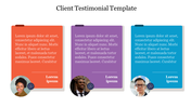 Client testimonial slide with three columns, each with a profile picture and space for feedback text.