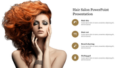 A model with textured red hair on the left, set by icons and caption areas for salon services on the right.