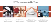 Slide displaying four types of insurance life, health, motor, and travel, each with an image and placeholder text.