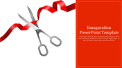 Inauguration slide with an illustration of scissors cutting a ribbon with text on a red background.