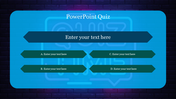 Slide with a neon quiz sign background and text placeholders for a question and four multiple-choice options.