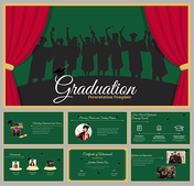 Graduation-themed slide deck with a green background and red curtains with silhouettes of graduates.