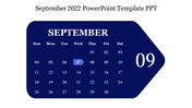 September calendar layout in a blue arrow-shaped box with a highlighted date and the month number on the right.