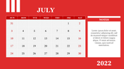 Creative PowerPoint Calendar July 2022 Template