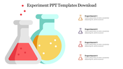 Two colorful laboratory flasks with liquid, alongside four numbered experiment sections for placeholder text.