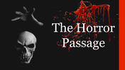 Horror-themed slide with a skull and blood splatter graphic alongside the text.