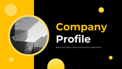 A pack of modern black and yellow company profile slides with key sections with images, icons, and text descriptions.