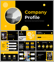 A pack of modern black and yellow company profile slides with key sections with images, icons, and text descriptions.