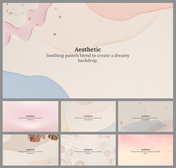 A slide featuring soft pastel backgrounds with abstract shapes and textures, each with a central theme of aesthetics.