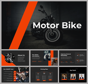 Slides featuring a dark theme focused on motorbikes, showcasing a stylish layout with sections for content.