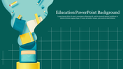 Educational slide with a teal background, featuring a backpack, school supplies, a grid pattern, and placeholder text.