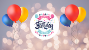 Birthday themed design with colorful balloons on both sides and a circular text in the center, against a bokeh background.