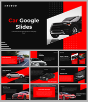 A pack of slides featuring various car models in a sleek red and black design with text description.