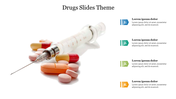 Medical syringe with various pills beside it, and four colorful text sections numbered 1 to 4 on the right.