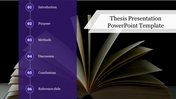 The thesis slide features a purple vertical menu with six sections alongside an open book with the title text.