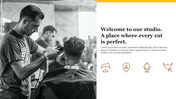 Monochrome barber shop scene with a stylist cutting hair, and salon themed icons and text on the right.