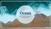 Slide deck with a cover slide of the coastline, with blue, teal, and white designs, incorporating images of the ocean.