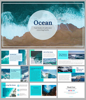 Slide deck with a cover slide of the coastline, with blue, teal, and white designs, incorporating images of the ocean.