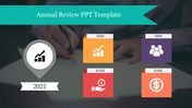 Annual review template with 2021 marker, four colorful square icons, over a blurred writing background.