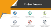 Project proposal slide with sections, featuring icons in multicolour circles and a folded paper design in white background.