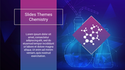 A purple gradient left panel with text and molecule icon in a diamond shape, all set on a blue chemistry themed background.