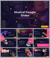 Vibrant Musical Google Slides template featuring a DJ setup and multiple slides focused on music-related topics.