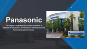 Panasonic company PowerPoint slide with an image of the building and text about its electronics production.