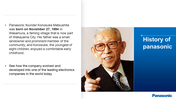 Image of Konosuke Matsushita smiling, with text on his early life and Panasonic’s evolution on the left.