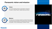 Panasonic vision and mission slide featuring a clear layout with two sections and placeholder text.