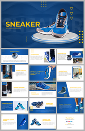 Slide deck featuring images of sneakers, including its history, design, and culture, in blue themed background.