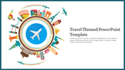 Travel-themed template featuring a circular design with iconic landmarks surrounding with text box an airplane symbol.