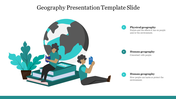 Geography presentation slide with a globe, two students, and brief definitions of physical and human geography.