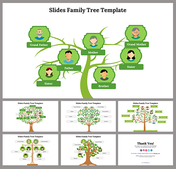 A pack of green themed tree diagram slides with family members connected by branches, including parents and siblings.