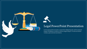 Legal PowerPoint presentation slide with scales of justice, books, a gavel, and a dove symbolizing peace on a blue backdrop.