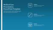 Slide with three sections illustrated by medical-themed icons against a gradient blue background and placeholder text area.