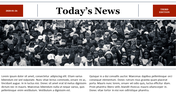 Newsletter template with a large photo of a crowd at a protest and text placeholders for date and news content.