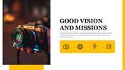 Photography slide with a vintage camera and text about vision and missions on the right, highlighted by yellow icons.