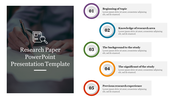 Research paper template with a list of five steps for presenting a study, each step numbered and color-coded.