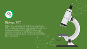 Green biology slide with a white microscope with hexagonal patterns in the background, and text on the left.