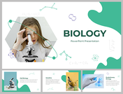 A pack of biology slides featuring a scientist using a microscope, surrounded by molecular illustrations.