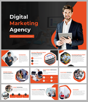 Slide deck with orange accents showcasing digital marketing services like SEO, social media, and email marketing.